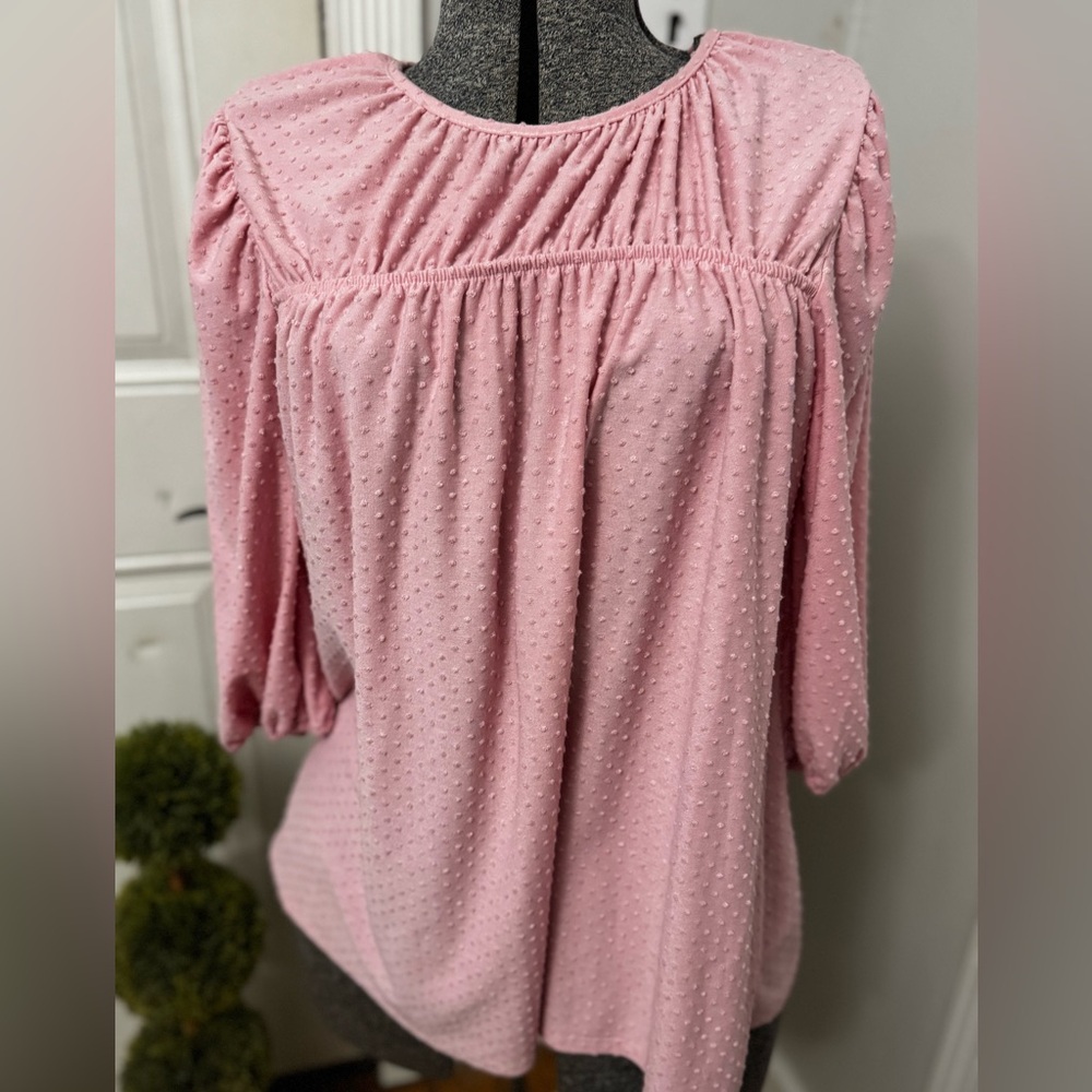 Celeste Swiss Dot Pink Dressy Knit Top with Double Tie Detail size Medium
